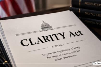 CLARITY Act bill document for digital assets regulation on a desk next to law books and US flag