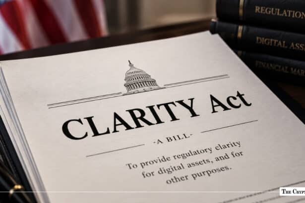 CLARITY Act bill document for digital assets regulation on a desk next to law books and US flag
