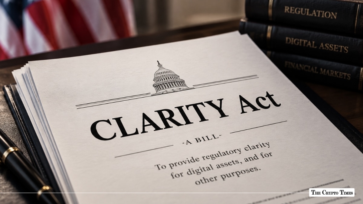 CLARITY Act bill document for digital assets regulation on a desk next to law books and US flag