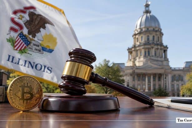 Gavel and Bitcoin coin with the Illinois flag and State Capitol in the background.