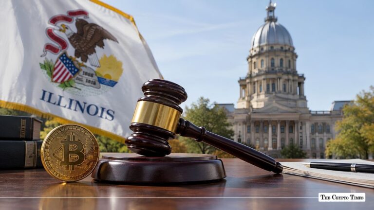 Gavel and Bitcoin coin with the Illinois flag and State Capitol in the background.