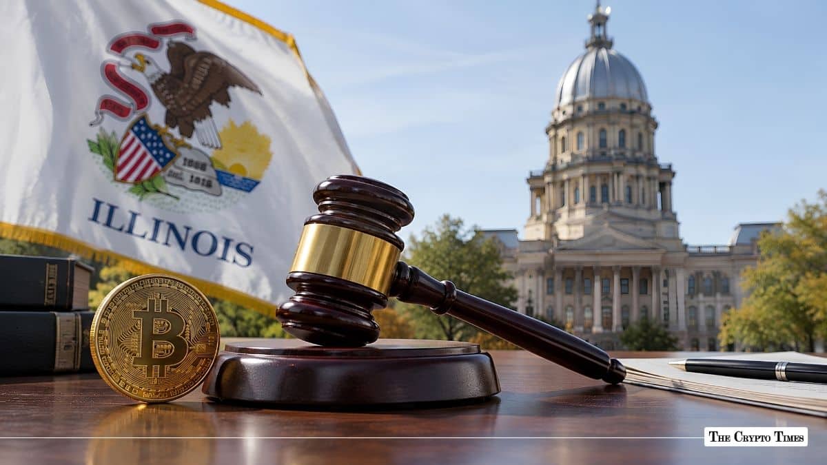 Gavel and Bitcoin coin with the Illinois flag and State Capitol in the background.
