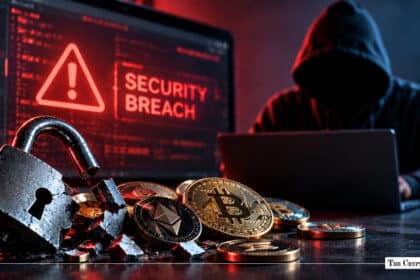 Broken padlock and physical cryptocurrency coins on a desk in front of a hooded hacker, with a computer monitor displaying a red "SECURITY BREACH" warning sign