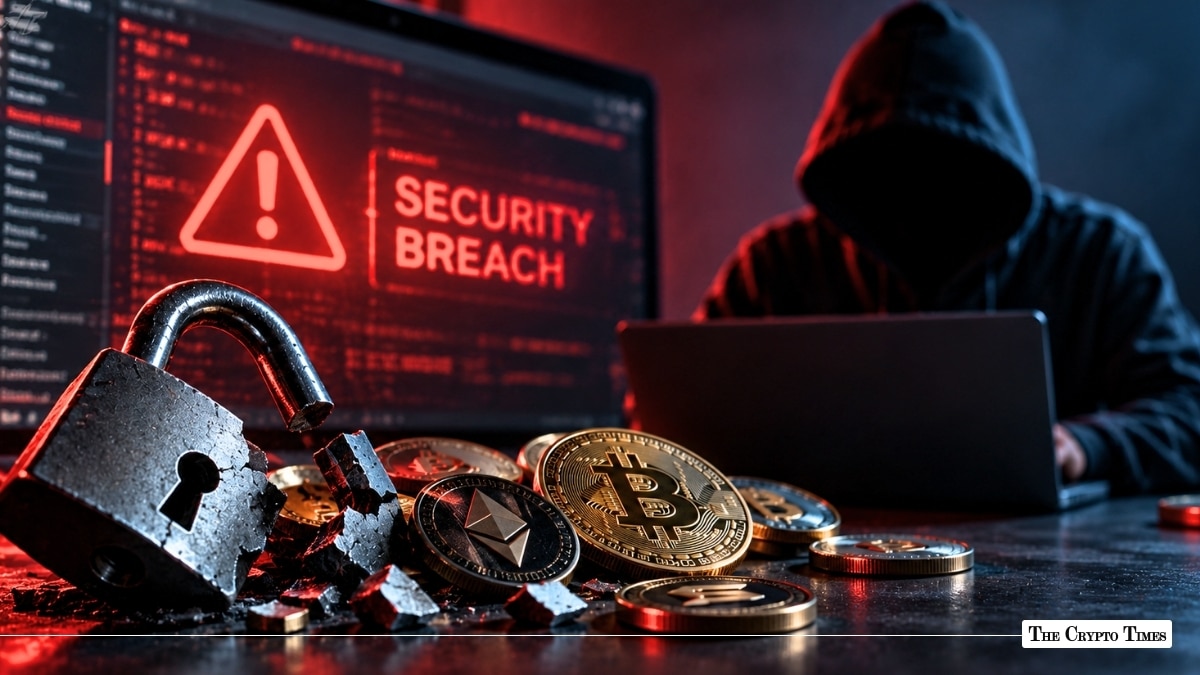 Broken padlock and physical cryptocurrency coins on a desk in front of a hooded hacker, with a computer monitor displaying a red "SECURITY BREACH" warning sign