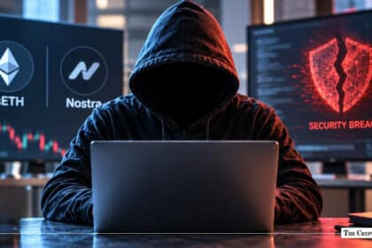 A hooded figure at a laptop in front of dual monitors showing rsETH and Nostra logos and a glowing cracked shield labeled "Security Breach".