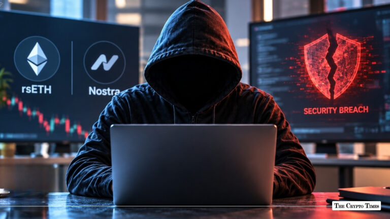 A hooded figure at a laptop in front of dual monitors showing rsETH and Nostra logos and a glowing cracked shield labeled "Security Breach".