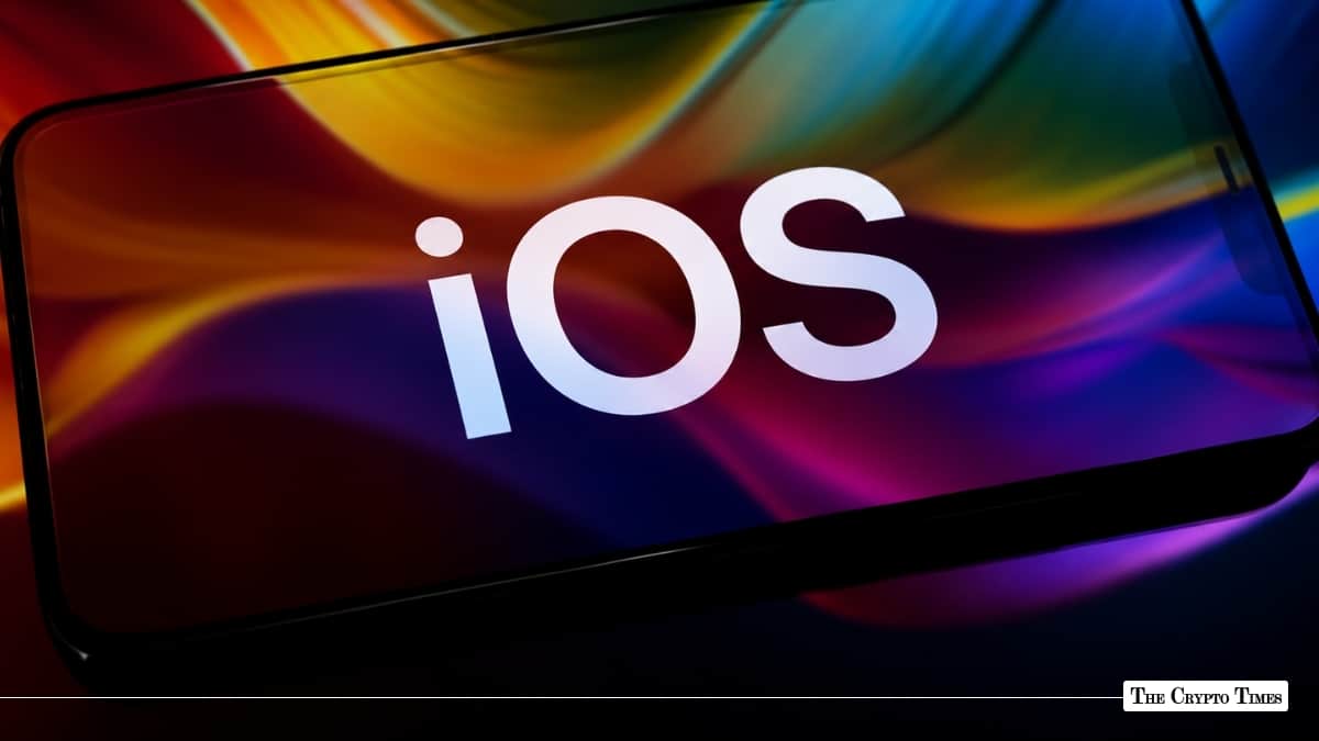 A smartphone displaying the iOS logo set against a colorful wavy background.