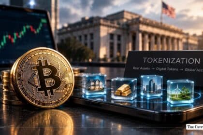 Physical Bitcoin next to tokenized asset cubes representing real estate, gold, and infrastructure outside a government building.