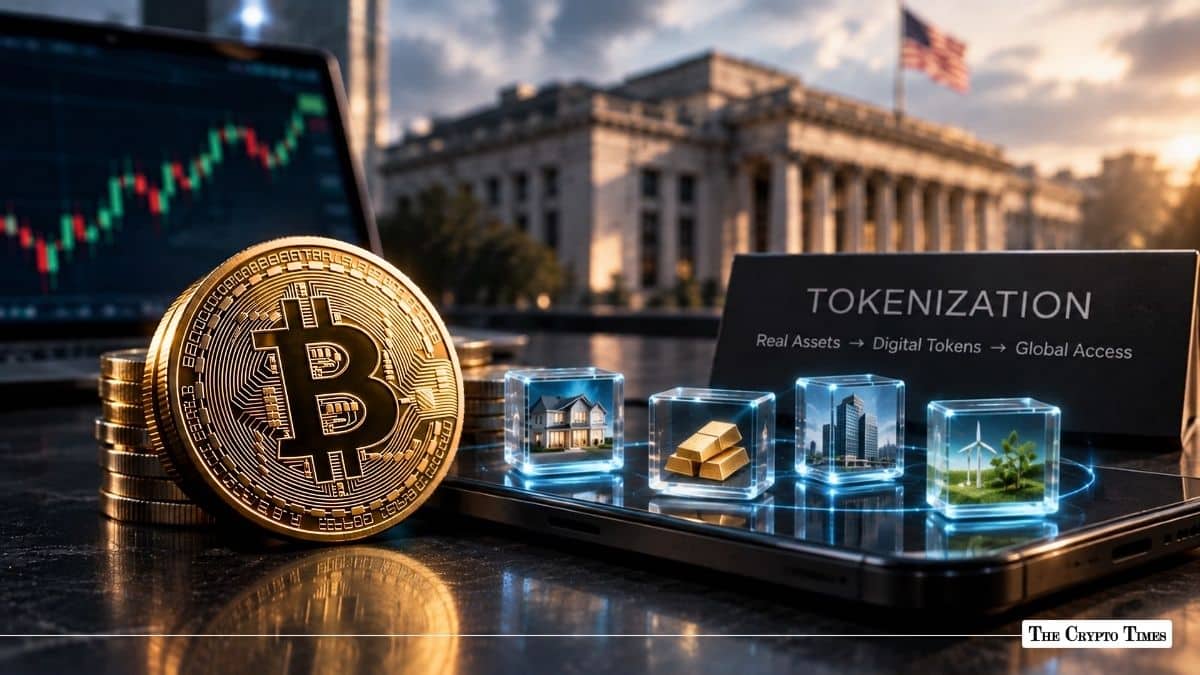 Physical Bitcoin next to tokenized asset cubes representing real estate, gold, and infrastructure outside a government building.