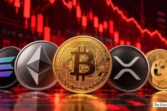 Row of major cryptocurrencies featuring Bitcoin, Ethereum, XRP, Solana, and Dogecoin against a declining market chart.