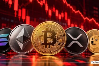 Row of major cryptocurrencies featuring Bitcoin, Ethereum, XRP, Solana, and Dogecoin against a declining market chart.