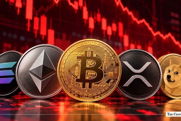 Row of major cryptocurrencies featuring Bitcoin, Ethereum, XRP, Solana, and Dogecoin against a declining market chart.