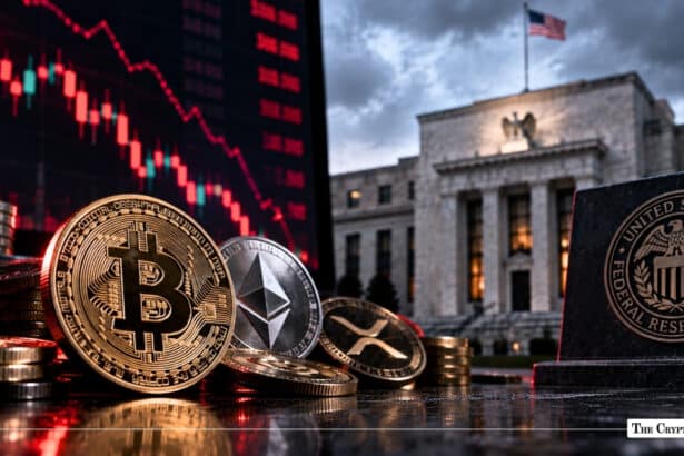 Physical Bitcoin, Ethereum, and XRP coins resting in front of a declining market chart and the Federal Reserve building.