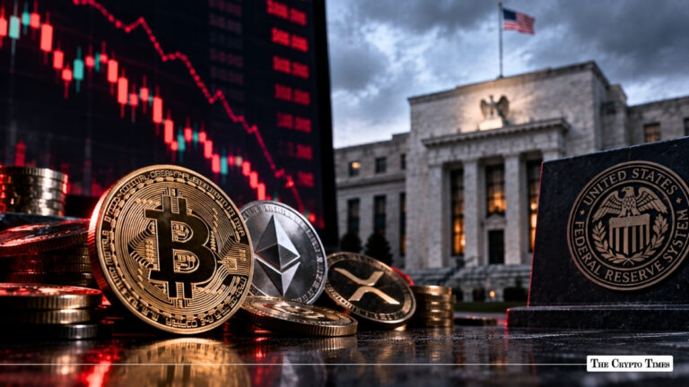 Physical Bitcoin, Ethereum, and XRP coins resting in front of a declining market chart and the Federal Reserve building.