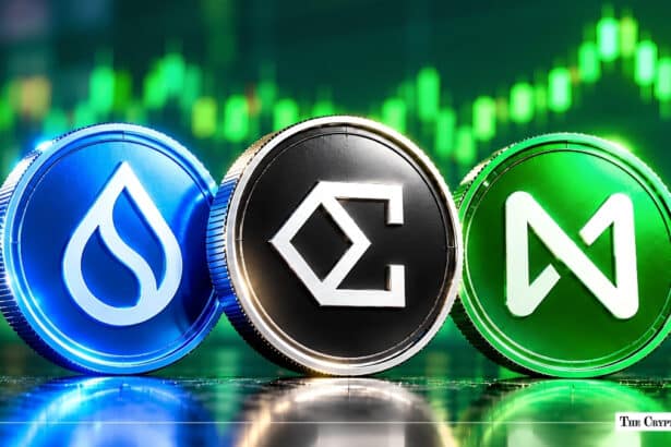Sui, Ethena, and NEAR Protocol cryptocurrency tokens lined up against a glowing green price chart.
