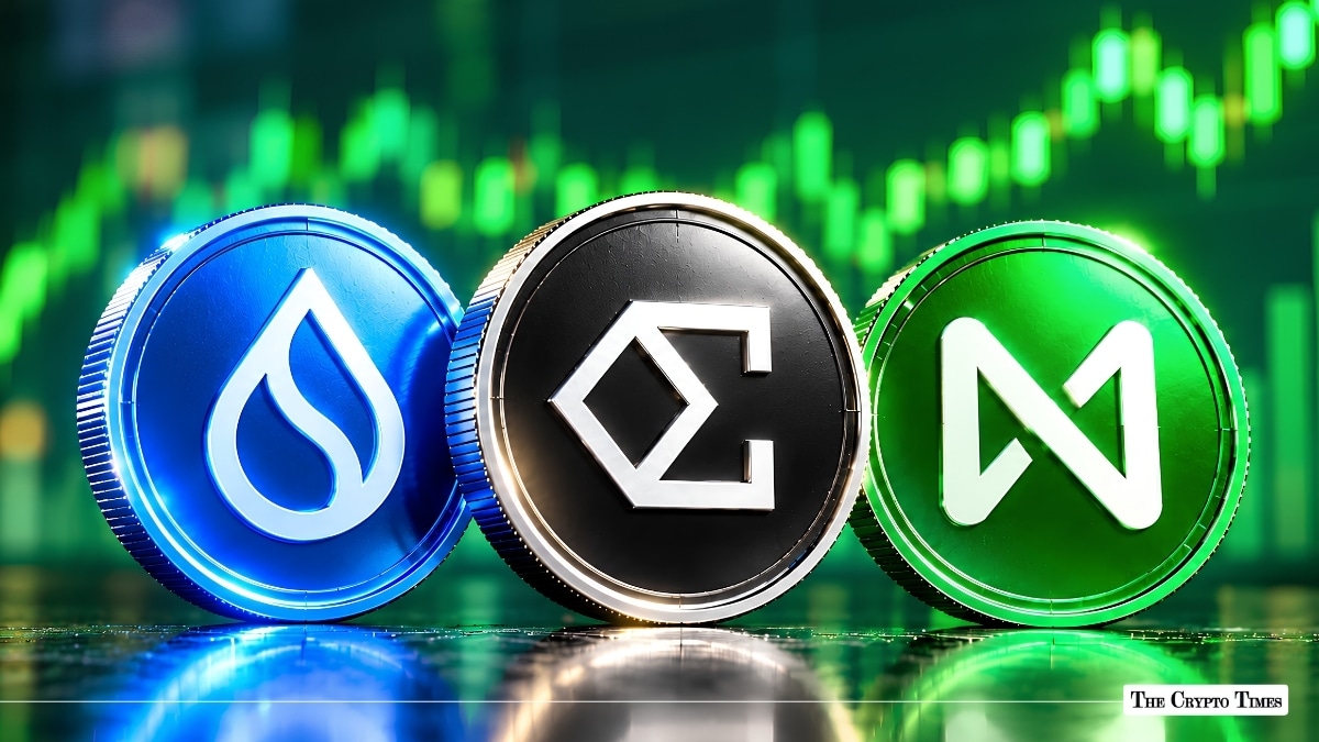 Sui, Ethena, and NEAR Protocol cryptocurrency tokens lined up against a glowing green price chart.