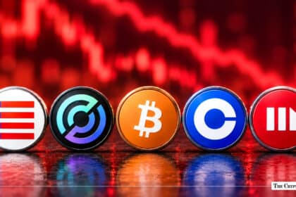 A row of major cryptocurrency tokens set against a falling red market chart backdrop.