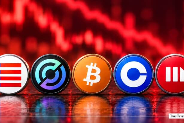 A row of major cryptocurrency tokens set against a falling red market chart backdrop.