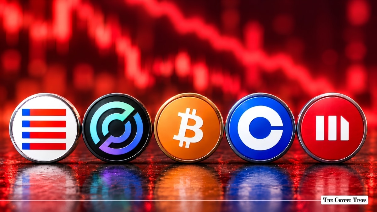 A row of major cryptocurrency tokens set against a falling red market chart backdrop.