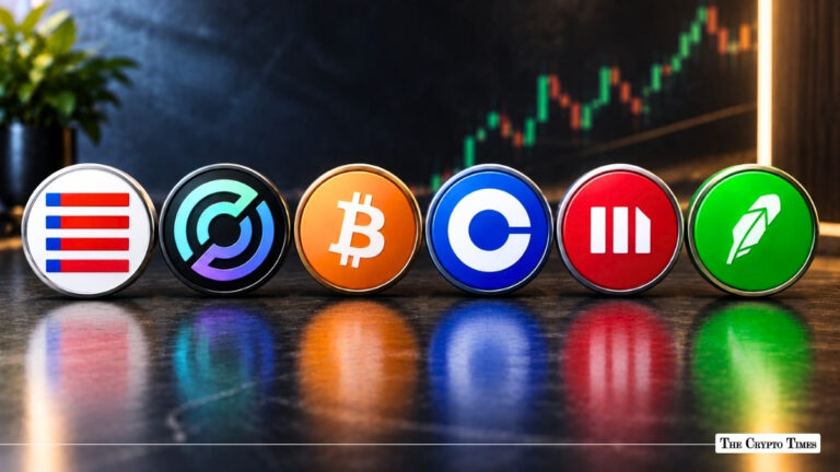 Lineup of crypto token icons and financial logos in front of a market chart.