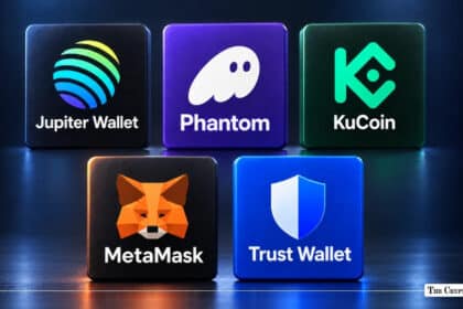 Five major cryptocurrency app logos including Jupiter Wallet, Phantom, KuCoin, MetaMask, and Trust Wallet displayed on square blocks