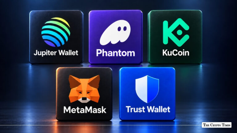 Five major cryptocurrency app logos including Jupiter Wallet, Phantom, KuCoin, MetaMask, and Trust Wallet displayed on square blocks