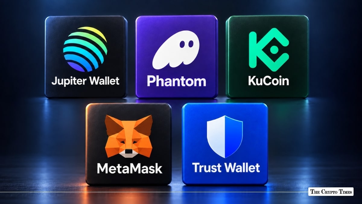 Five major cryptocurrency app logos including Jupiter Wallet, Phantom, KuCoin, MetaMask, and Trust Wallet displayed on square blocks
