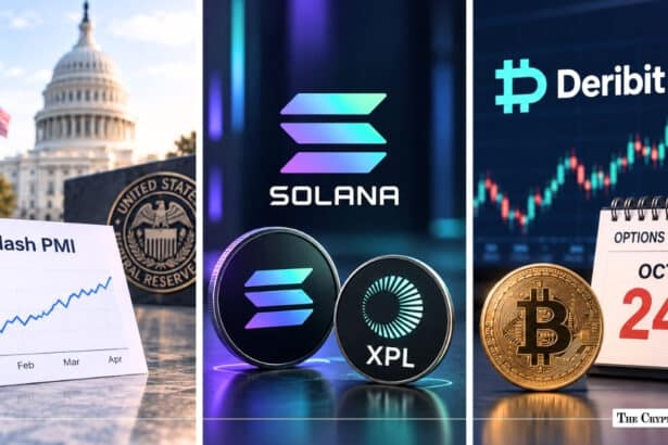Three-panel graphic showing the U.S. Capitol with a Flash PMI chart, Solana and XPL coins, and a Deribit background with an October 24 options expiry calendar.