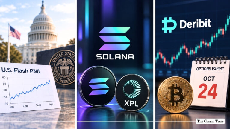 Three-panel graphic showing the U.S. Capitol with a Flash PMI chart, Solana and XPL coins, and a Deribit background with an October 24 options expiry calendar.