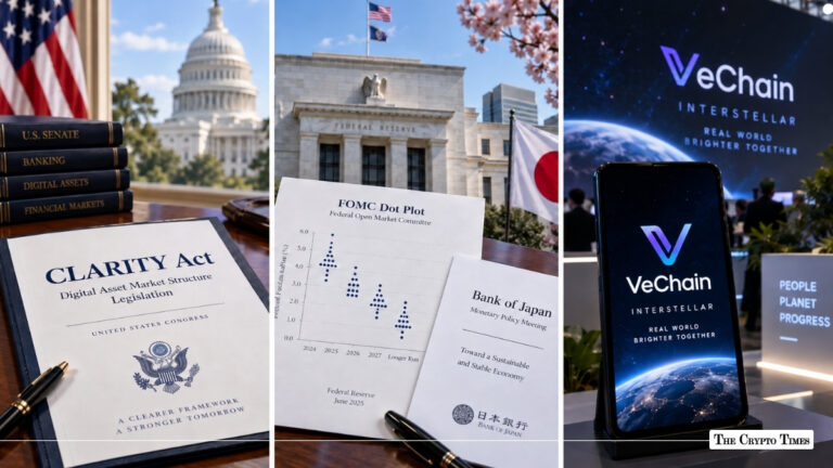 Collage of CLARITY Act document, FOMC dot plot, and VeChain branding