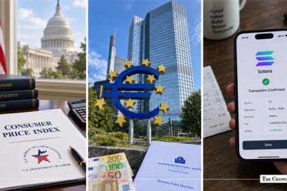 Three-panel image featuring US Capitol with CPI documents, the ECB headquarters in Frankfurt with Euro banknotes, and a hand holding a smartphone displaying a confirmed Solana Transaction V1