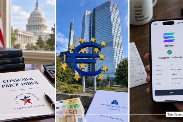 Three-panel image featuring US Capitol with CPI documents, the ECB headquarters in Frankfurt with Euro banknotes, and a hand holding a smartphone displaying a confirmed Solana Transaction V1
