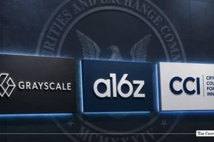 Three illuminated company signs showing Grayscale, a16z, and Crypto Council for Innovation logos set against a wall displaying the SEC sea