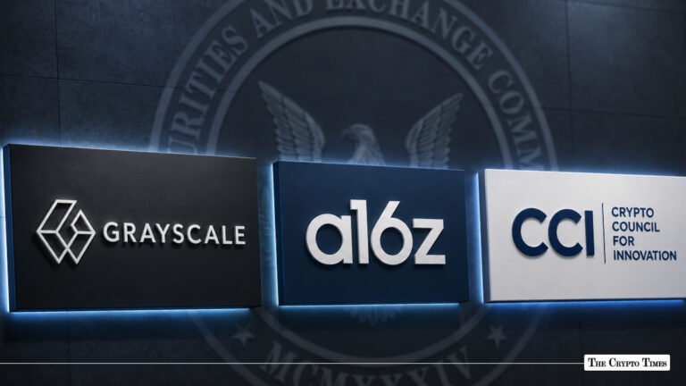 Three illuminated company signs showing Grayscale, a16z, and Crypto Council for Innovation logos set against a wall displaying the SEC seal