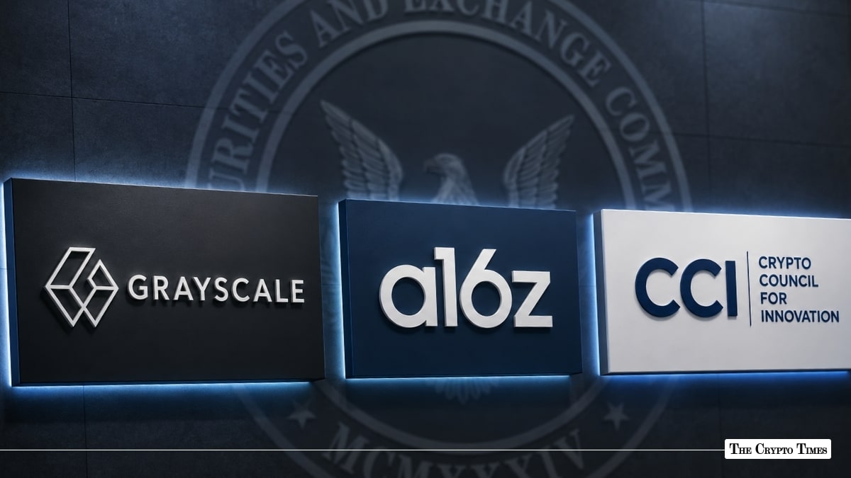 Three illuminated company signs showing Grayscale, a16z, and Crypto Council for Innovation logos set against a wall displaying the SEC seal