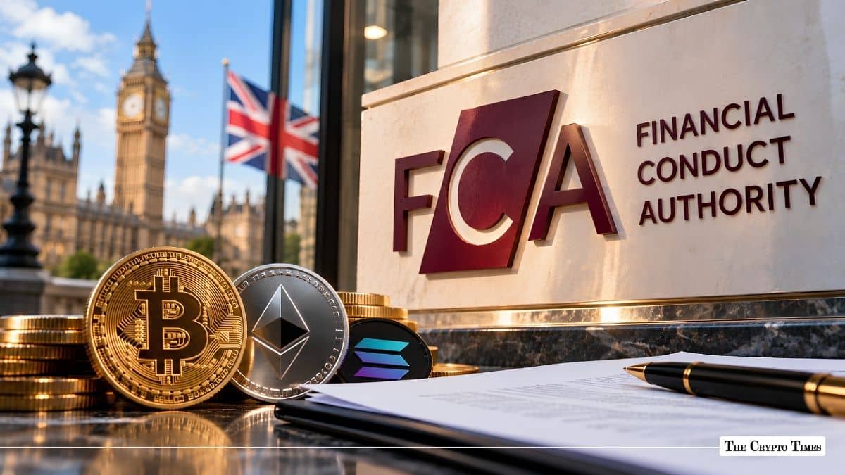 Physical Bitcoin, Ethereum, and Solana coins placed beside Financial Conduct Authority (FCA) signage with London's Big Ben in the background.