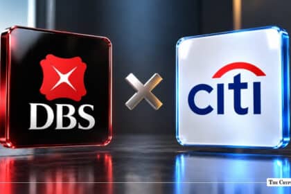 3D metallic badges representing DBS and Citi displayed side-by-side with a silver "X" multiplication symbol set between them