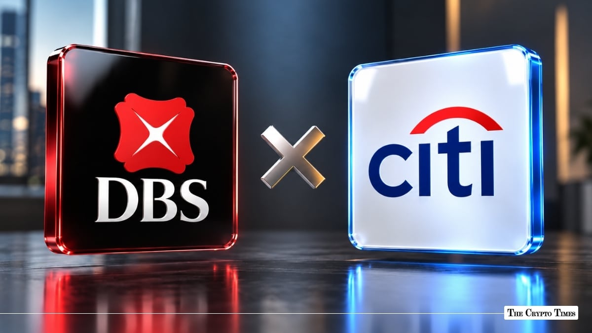 3D metallic badges representing DBS and Citi displayed side-by-side with a silver "X" multiplication symbol set between them