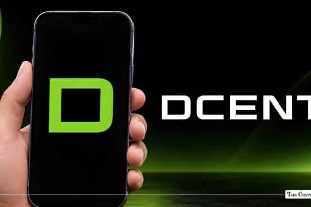 Hand holding smartphone displaying green D-CENT logo beside corporate text.