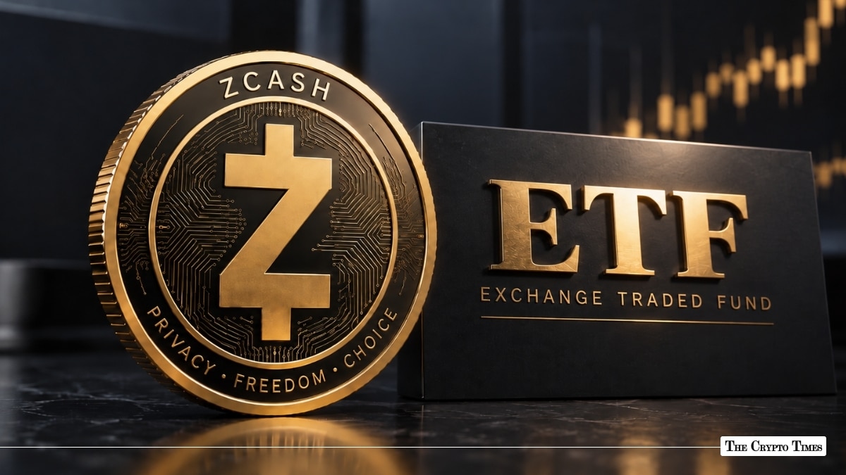 Gold Zcash (ZEC) physical coin standing alongside a sleek black card with gold embossed text reading "ETF EXCHANGE TRADED FUND" against a blurred financial chart