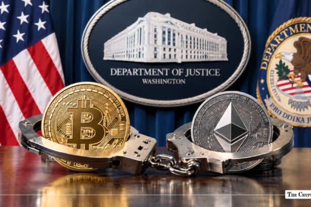 Gold Bitcoin and silver Ethereum coins locked in steel handcuffs in front of the U.S. Department of Justice seal and American flag