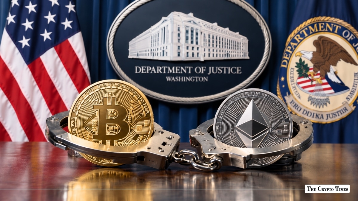 Gold Bitcoin and silver Ethereum coins locked in steel handcuffs in front of the U.S. Department of Justice seal and American flag
