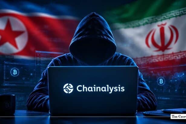 Hooded hacker using a Chainanalysis-branded laptop with flags of North Korea and Iran in the background.