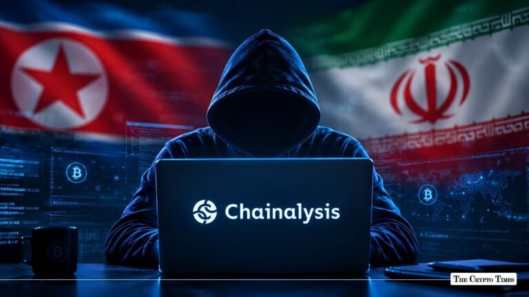Hooded hacker using a Chainanalysis-branded laptop with flags of North Korea and Iran in the background.