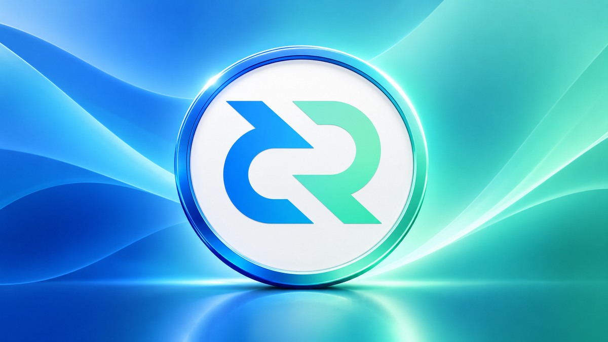 Decred (DCR) crypto coin interlocking arrows logo on a blue-green background.