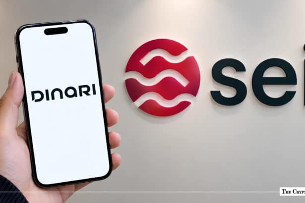Hand holding a smartphone displaying the Dinari logo in front of a Sei Network wall sign.