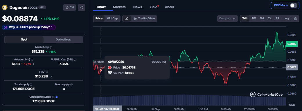 DOGE price chart at 4:58 p.m. UTC