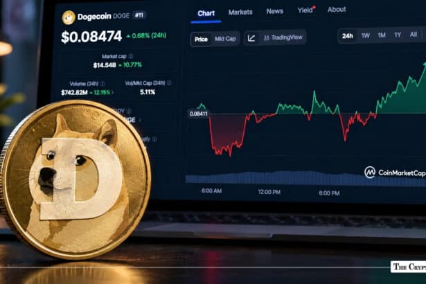 Physical Dogecoin standing in front of a laptop showing a DOGE price chart.