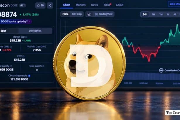 Physical gold Dogecoin featuring the Shiba Inu mascot standing in front of a market data interface.