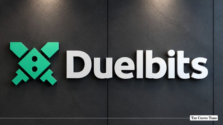 Duelbits corporate logo mounted on a dark interior wall.